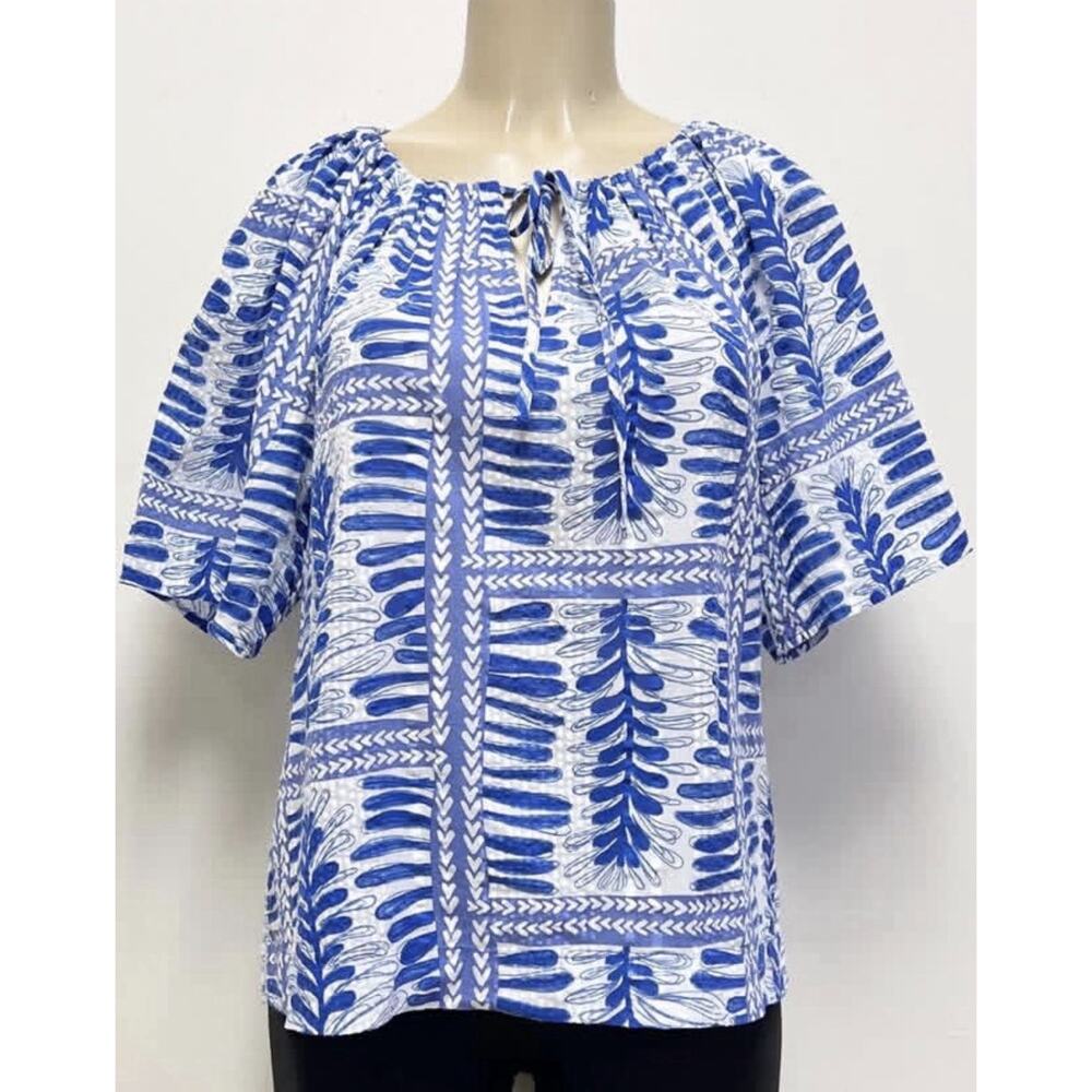 LOFT Womens XS Blue White Block Print Cotton Split Neck Tie Boho Peasant Top